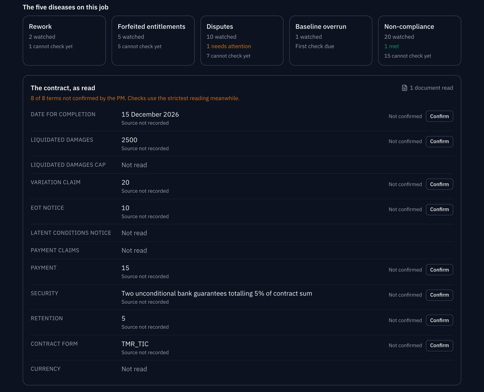 The five disease cards on the job, then The contract, as read: 8 of 8 terms not confirmed, each with its value and a Confirm button, and the latent conditions notice, payment claims and currency marked Not read.