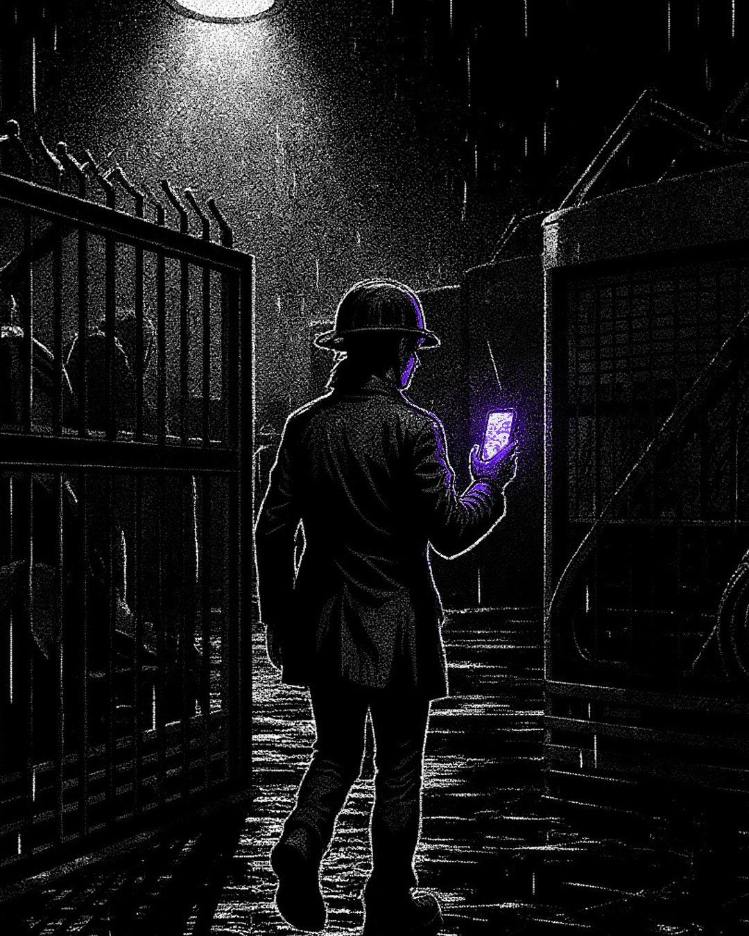 The same gate, open, someone walking through with a phone glowing violet.