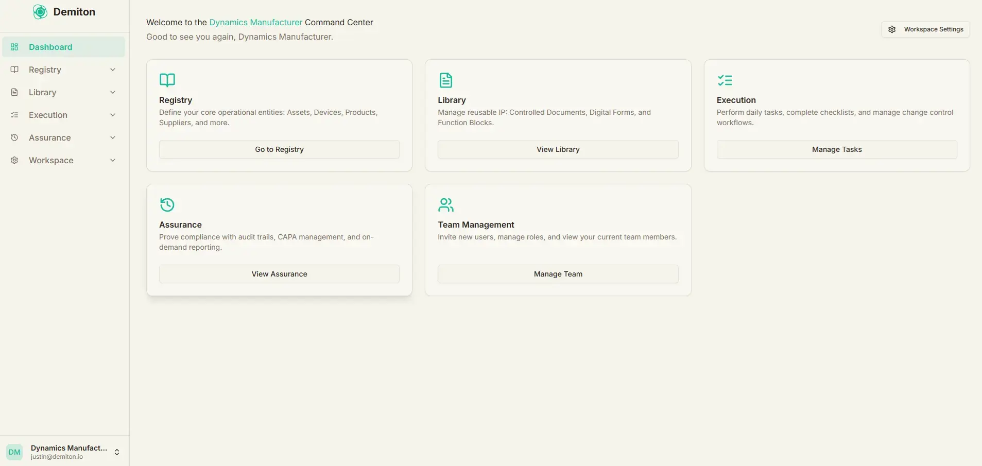 The Demiton Case File dashboard, showing linked evidence, open tasks, and compliance status.