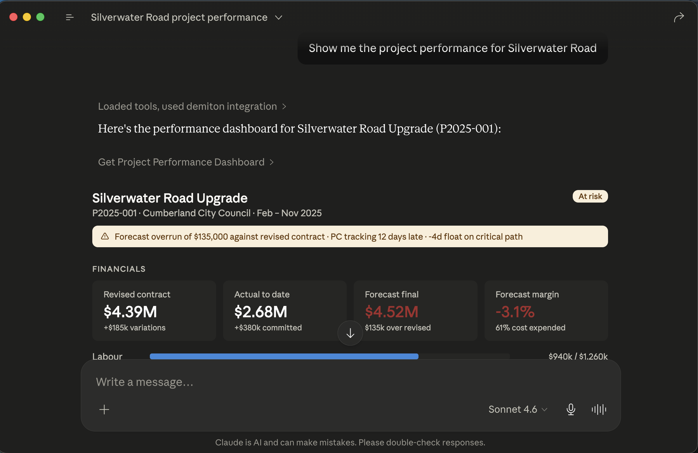 Programme section: progress, float, and milestone status