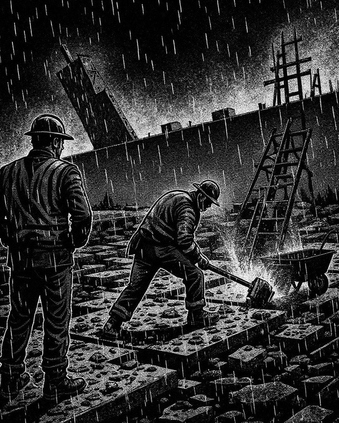 A labourer jackhammers a freshly poured slab while the supervisor watches, hands on hips.