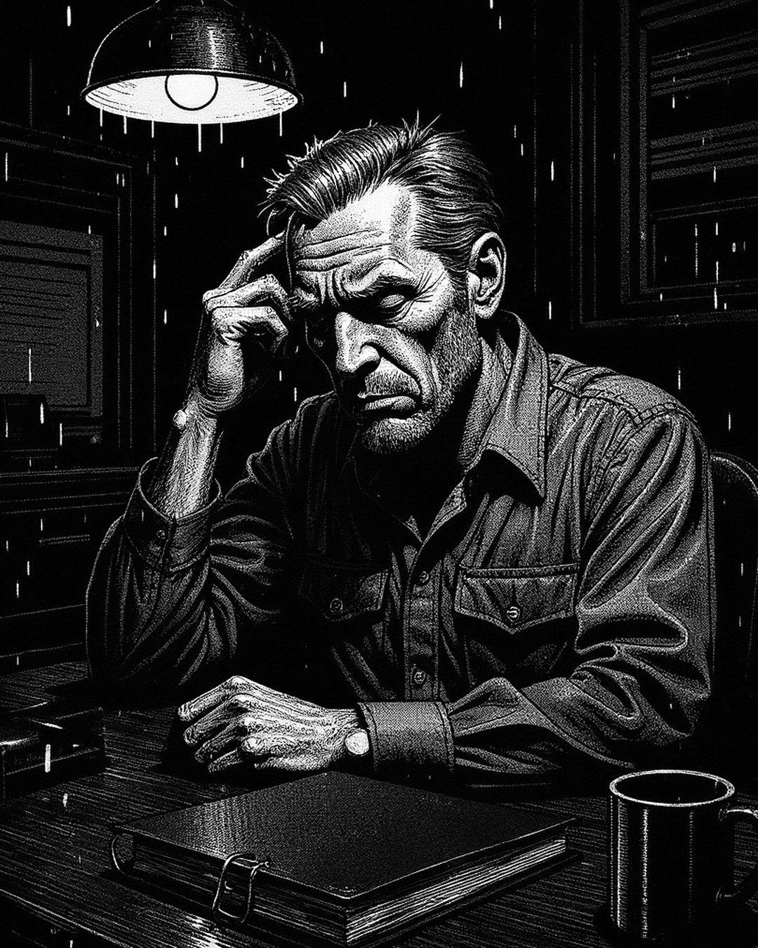 A project manager at his kitchen table at night, head in his hand, the contract binder closed in front of him.