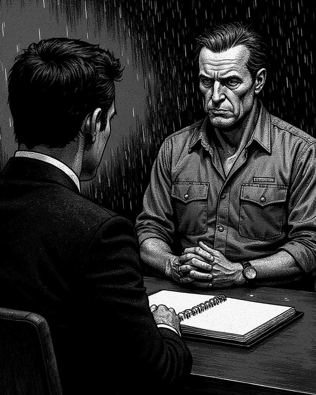 A site manager across a table from a lawyer, a thin, near-empty binder in front of him.