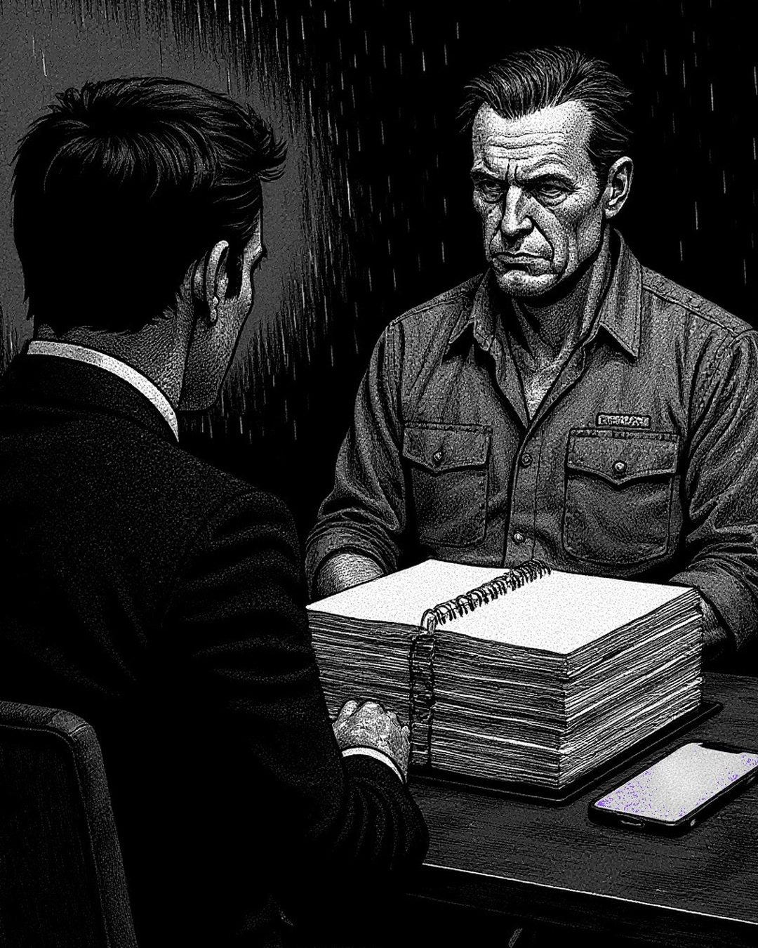 The same meeting: the binder is now thick with records, and his phone glows violet beside it.