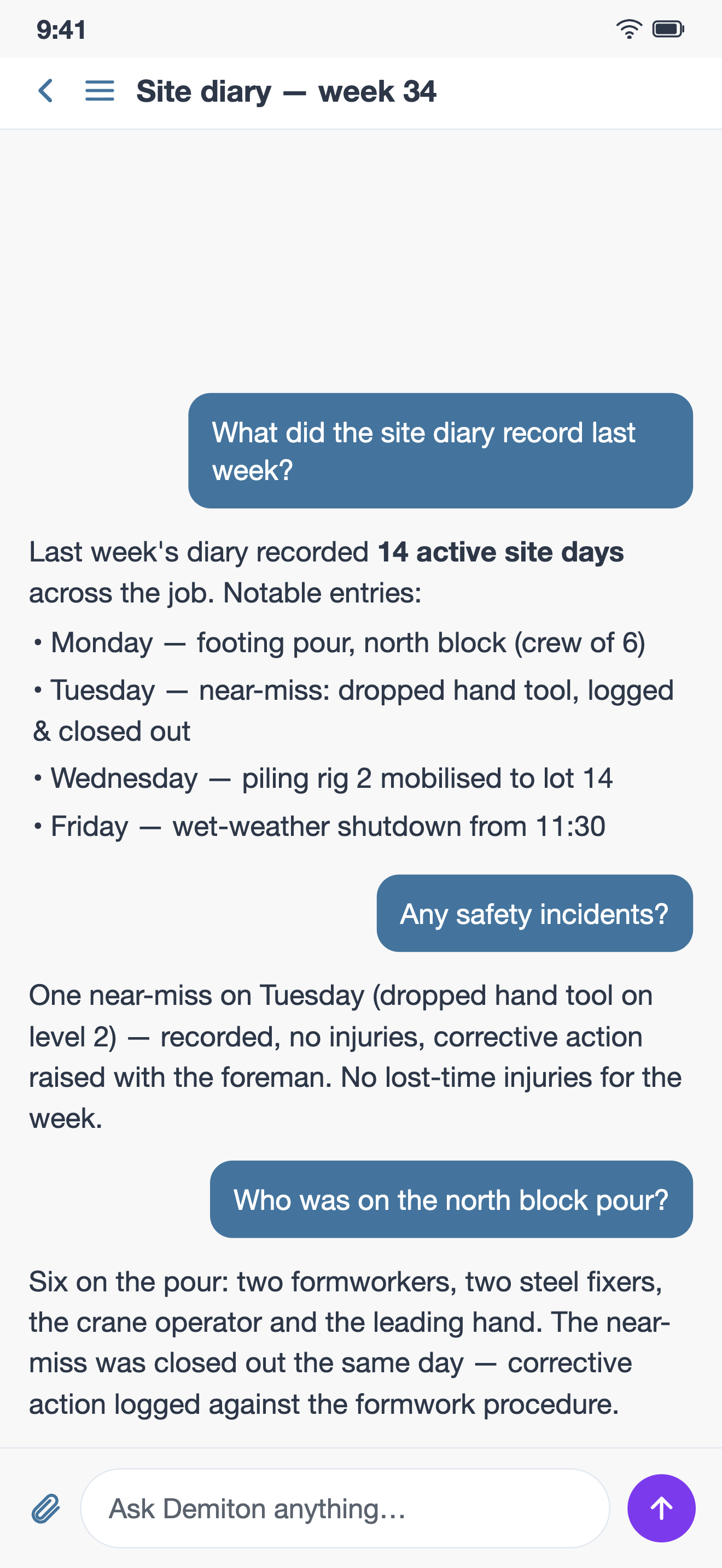 A question answered on the phone from the site diary, with the sources it read listed under the answer.
