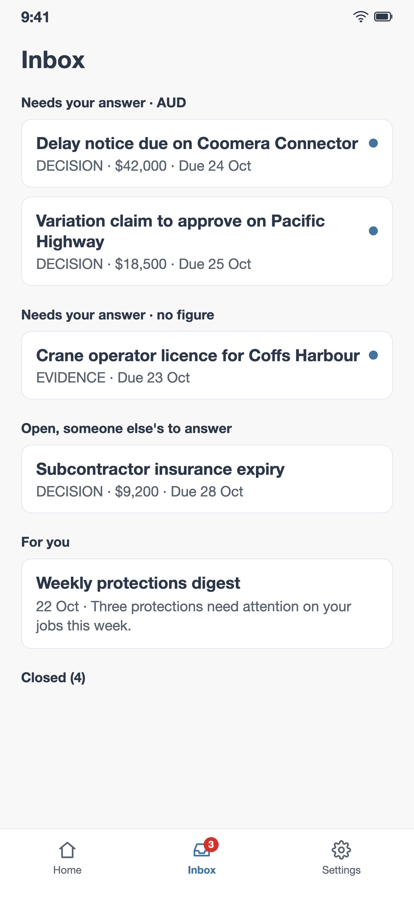The Inbox tab: requests that need the signed-in person's answer, ranked by amount within the currency, then open requests that are someone else's to answer, then a weekly digest.