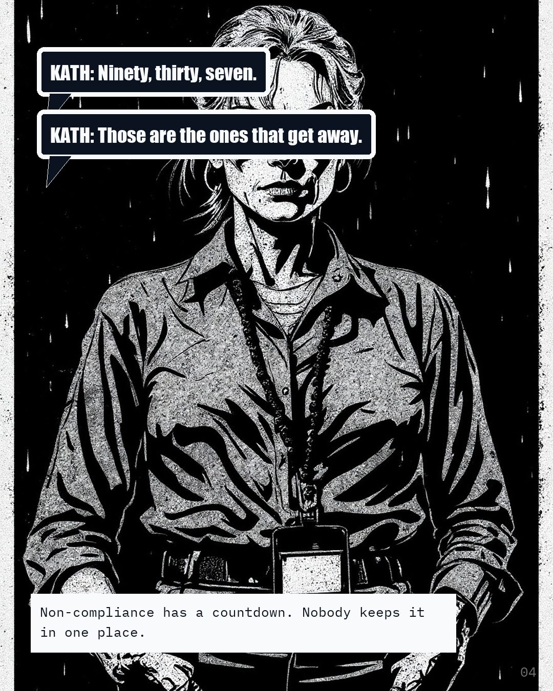 Close on a compliance officer, hard lit, with two speech balloons above her.