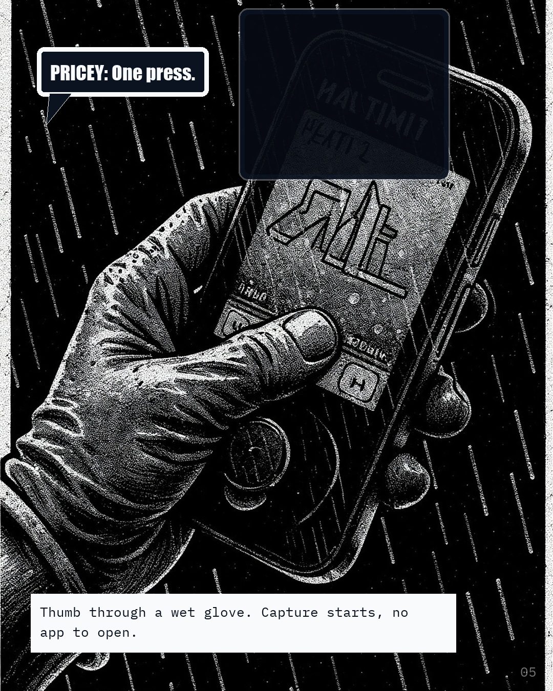 A hand in a wet work glove pressing a phone whose screen is dark.