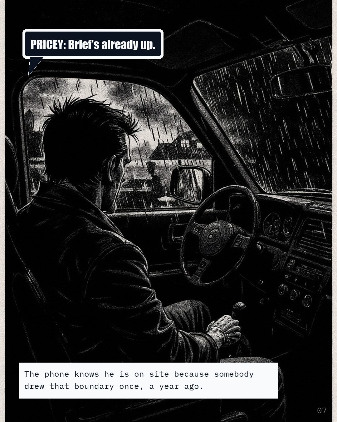 The interior of a ute cab at first light, seen from behind the driver.
