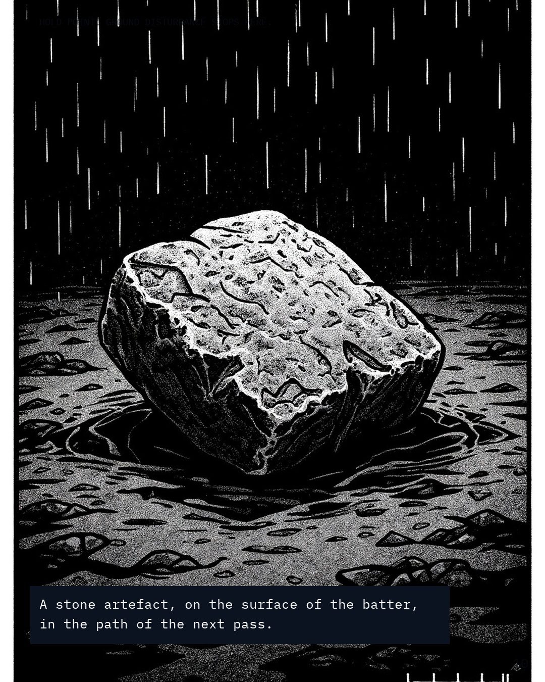 A single stone artefact on disturbed earth, with a scale bar.