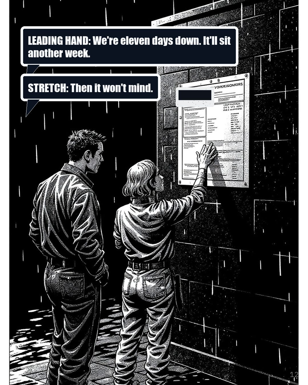 The site office wall with the programme pinned to it, two workers arguing at it.