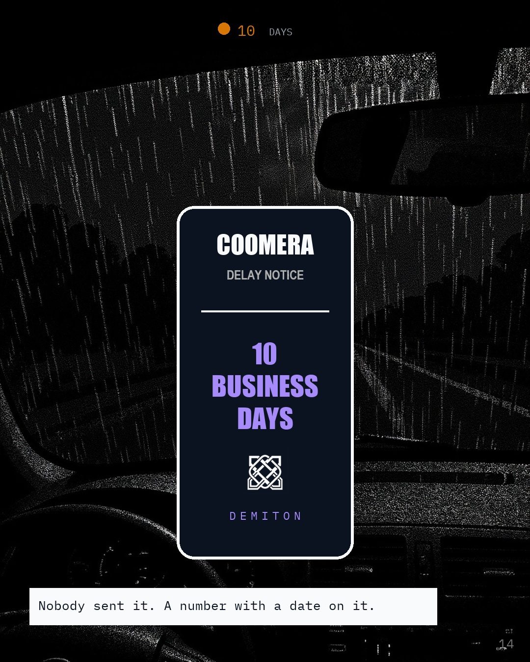 A phone on a ute dashboard showing a Lock Screen: Coomera, delay notice, 10 business days, a live countdown pill, and the Demiton mark.
