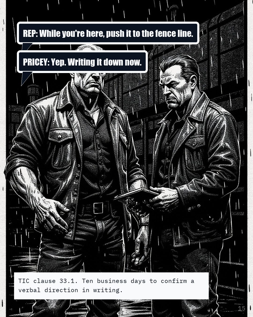 Two men on a wet site, one writing in a notebook.