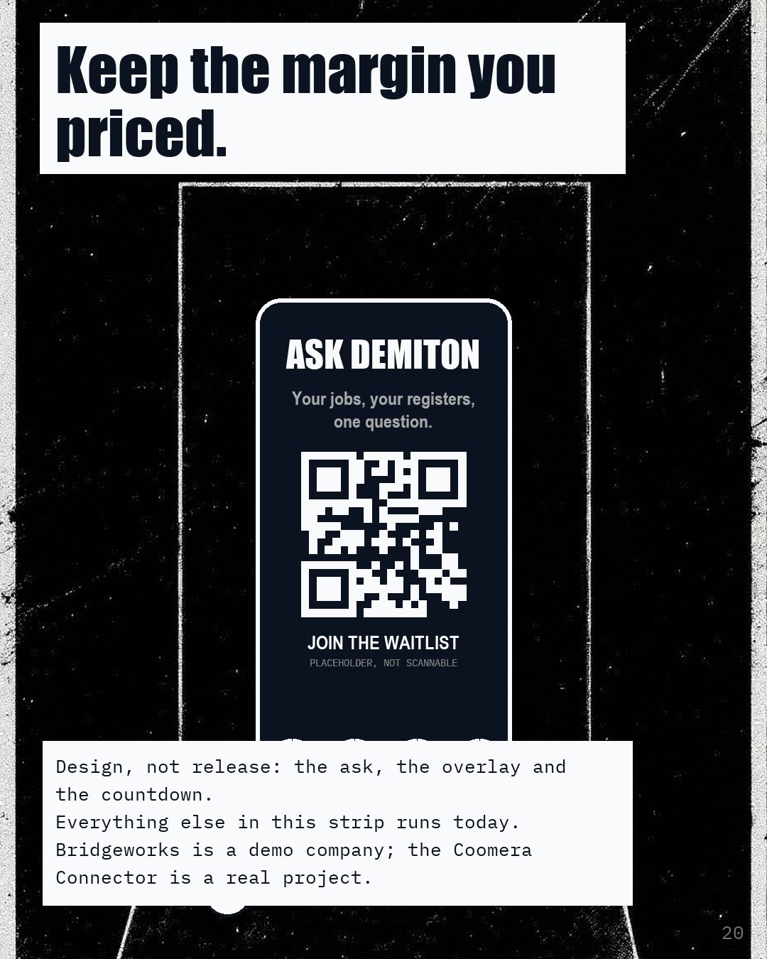 A phone showing Ask Demiton and a code to join the waitlist, above the line Keep the margin you priced.