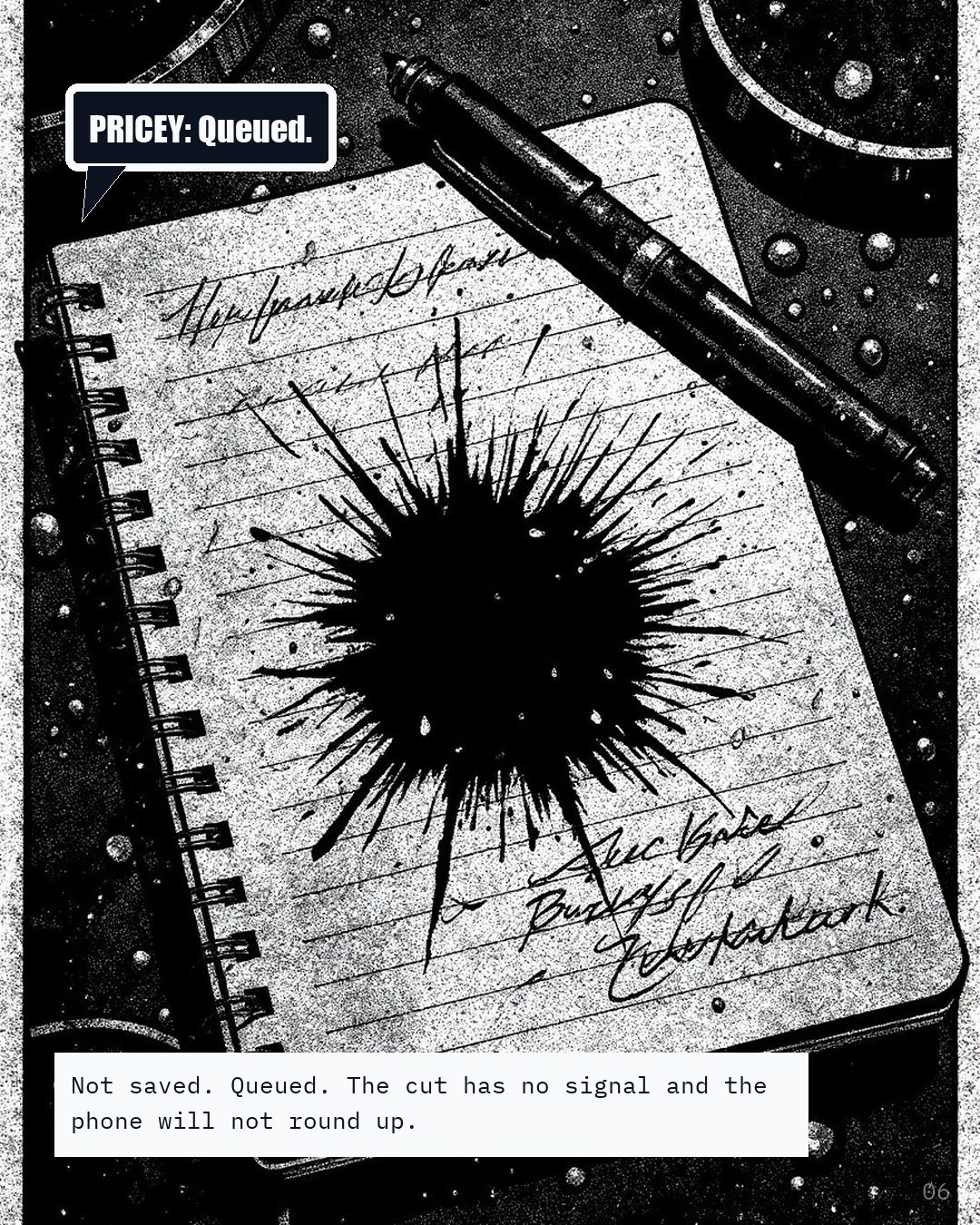 A wet site diary page, handwriting on ruled lines, a biro resting on it.