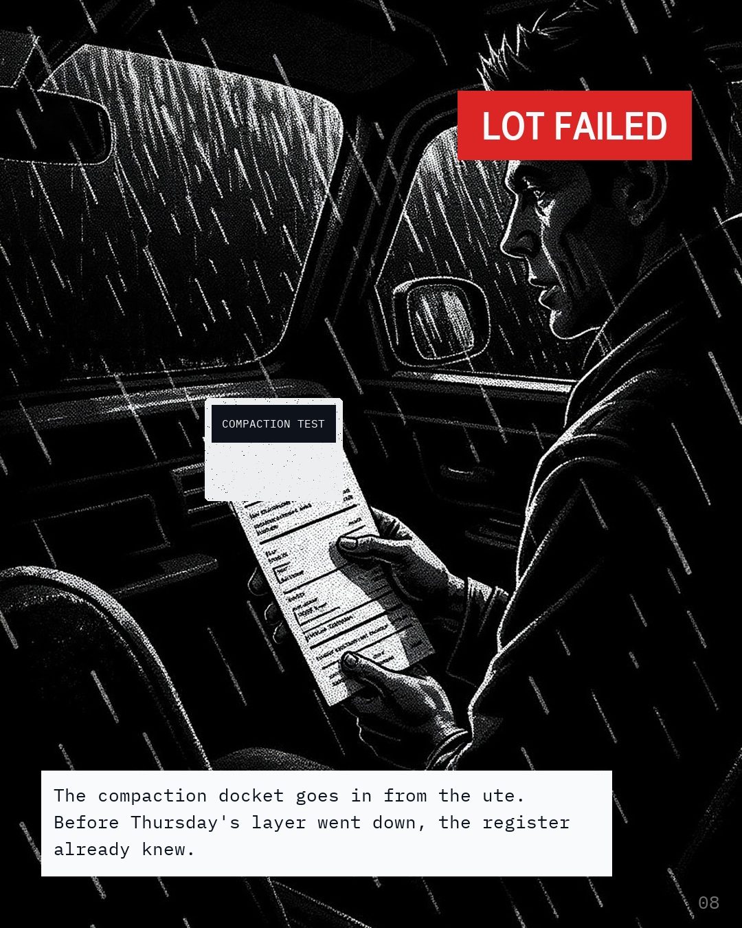 A man in a ute holding a delivery docket, under a red LOT FAILED stamp.