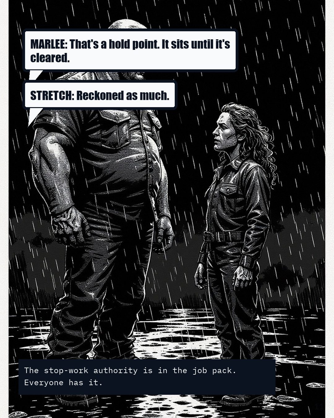 Two figures on a wet site, one slight and one enormous, facing each other.