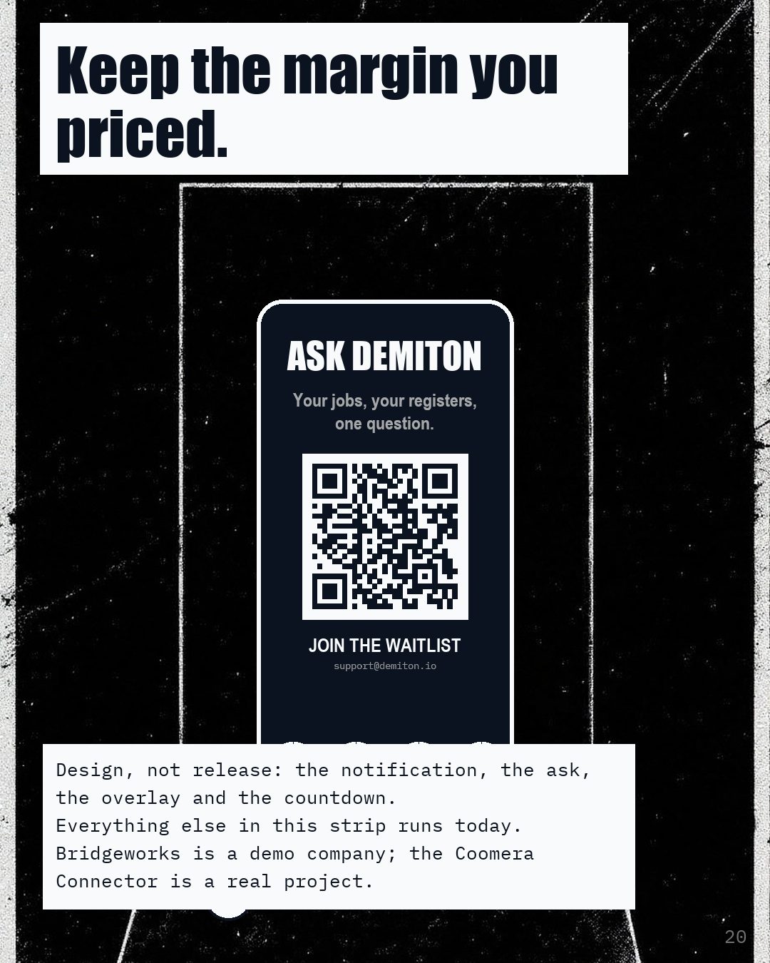 A phone showing Ask Demiton and a code to join the waitlist, above the line Keep the margin you priced.