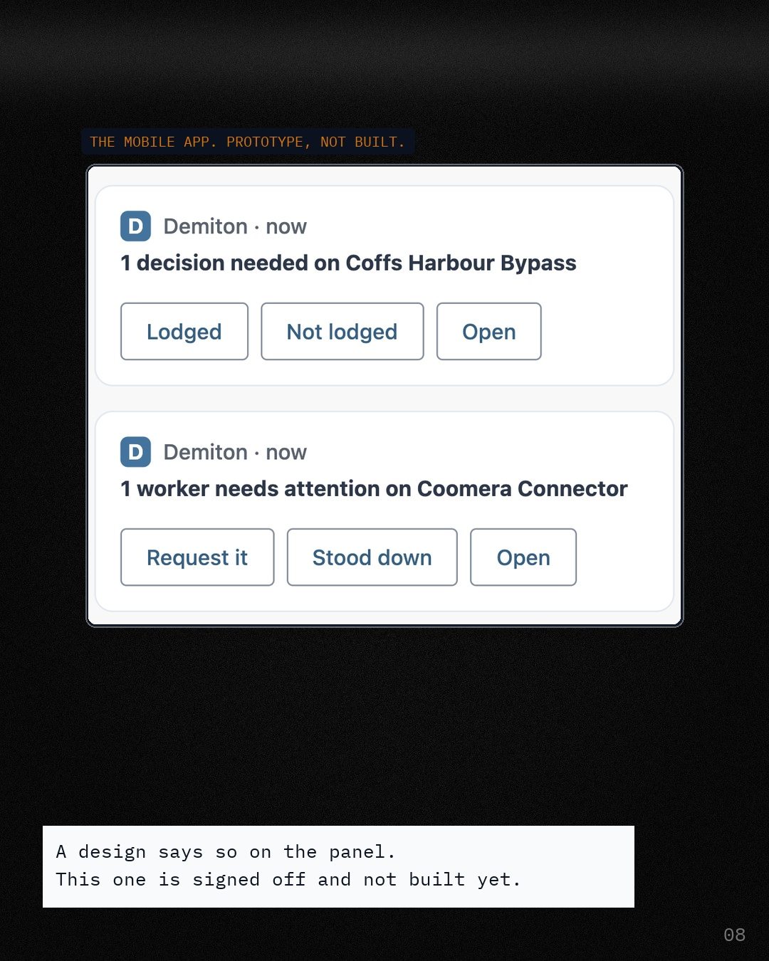 A screenshot of the Demiton mobile app prototype: two notifications with their buttons, labelled prototype, not built.