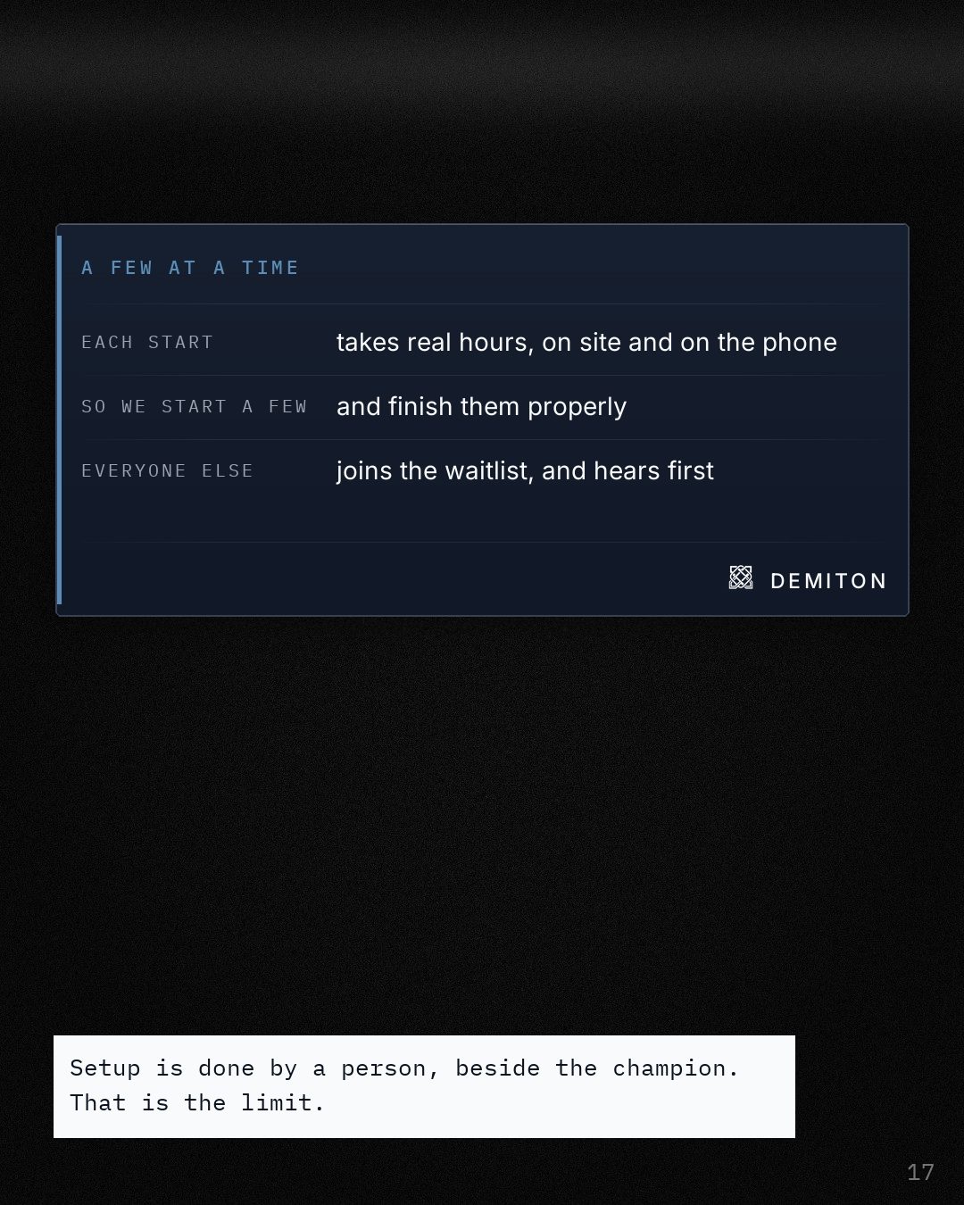 A few at a time, as three labelled fields: each start takes real hours, so a few start, and everyone else joins the waitlist.