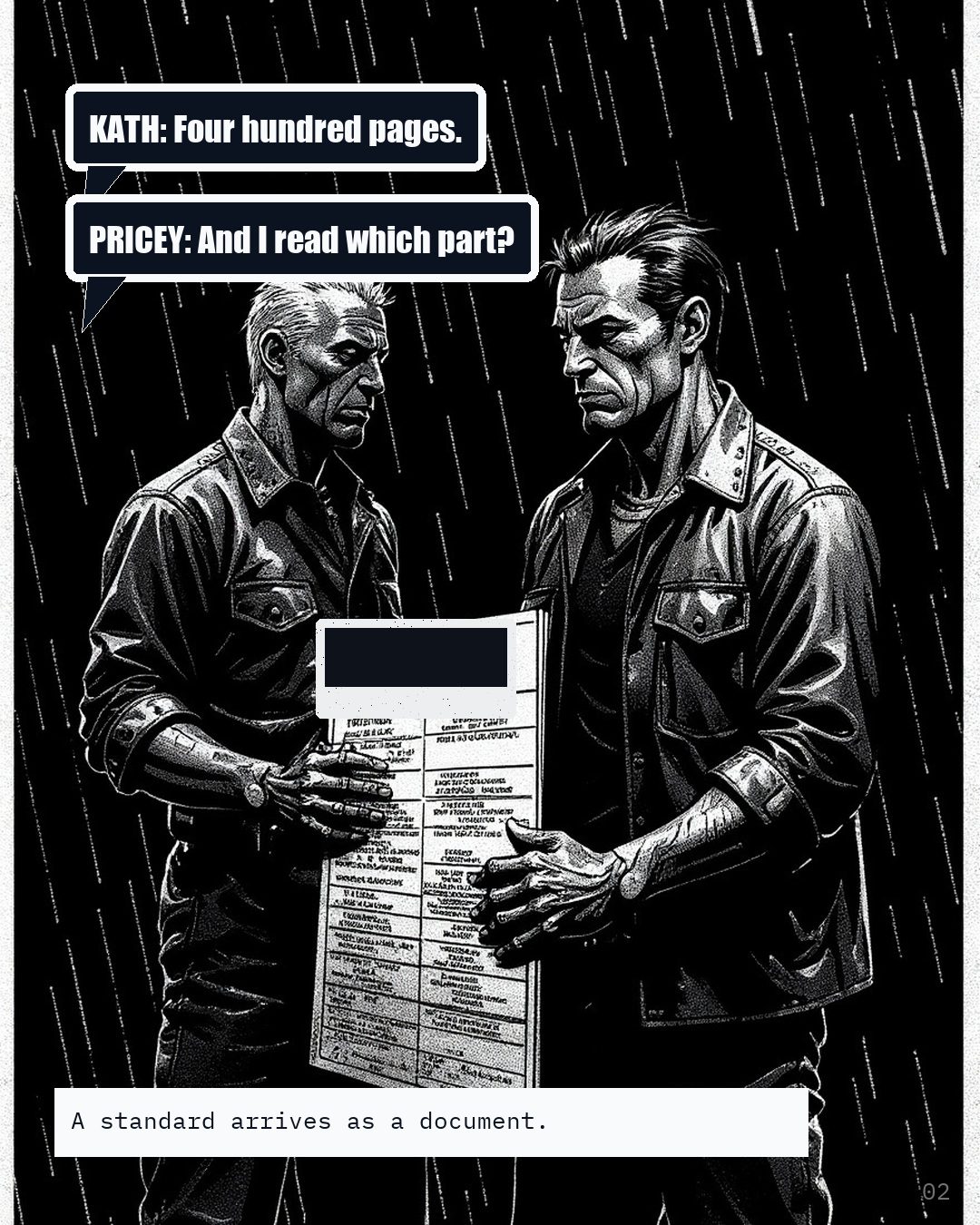 Two workers in rain, one holding up a thick specification, the other reading it.