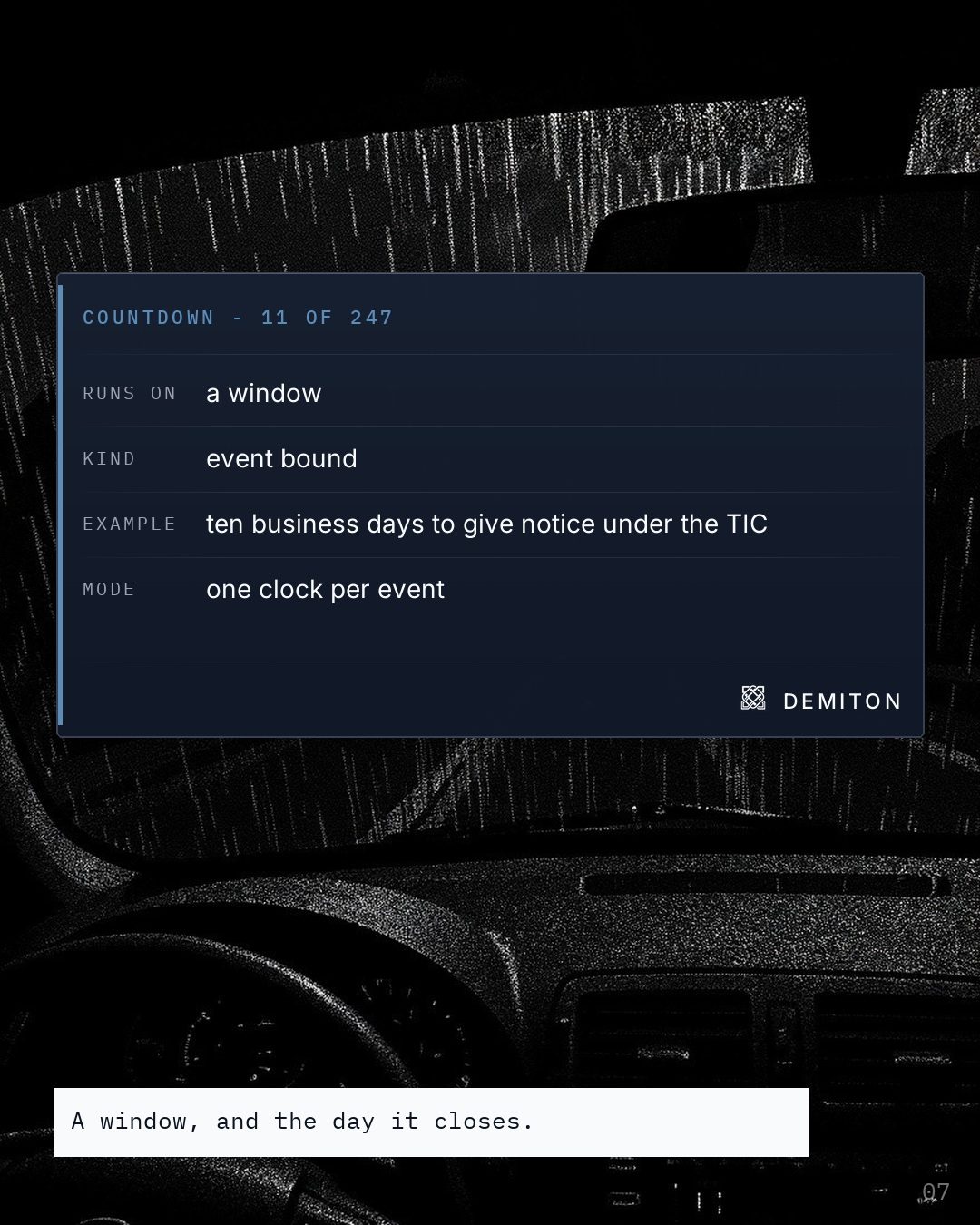 The countdown engine explained over a dark windscreen at night.