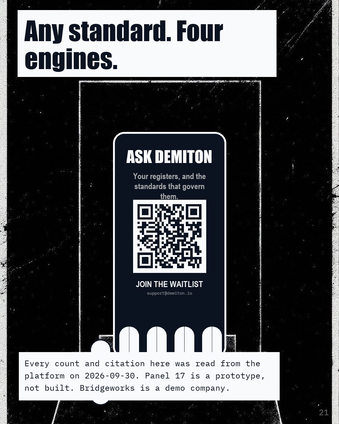 A phone showing Ask Demiton and a code, above the line Any standard, Four engines.