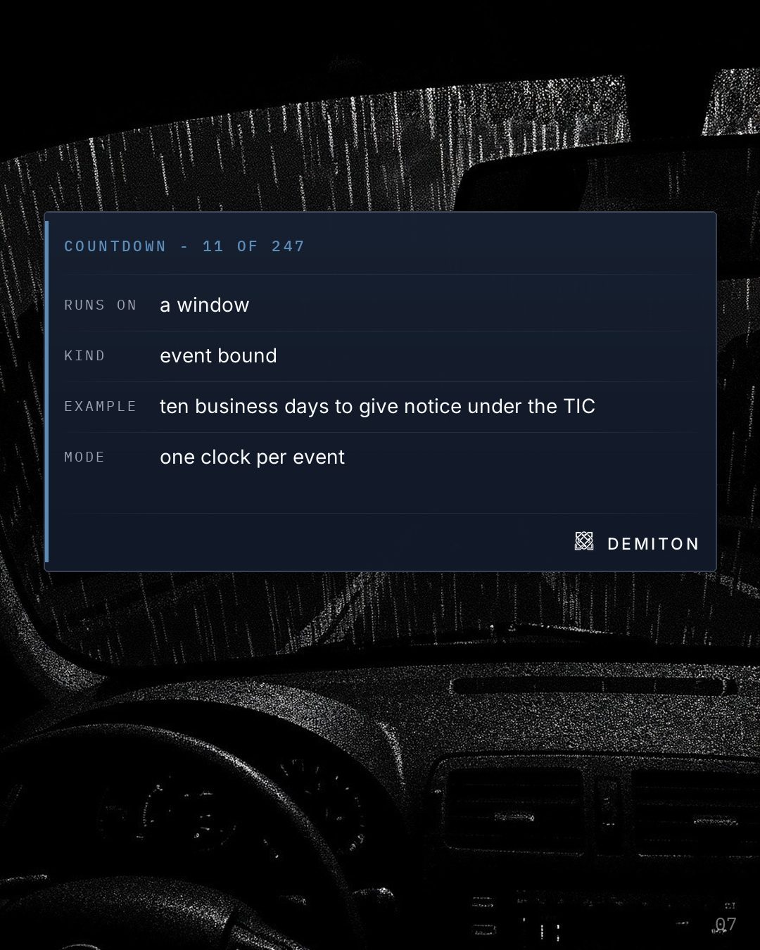 The countdown engine explained over a dark windscreen at night.