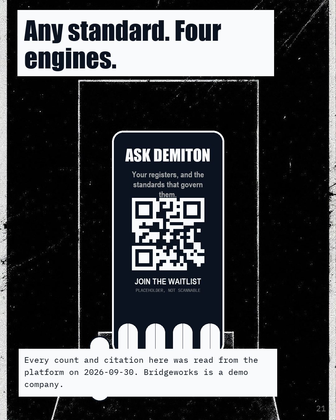 A phone showing Ask Demiton and a code, above the line Any standard, Four engines.