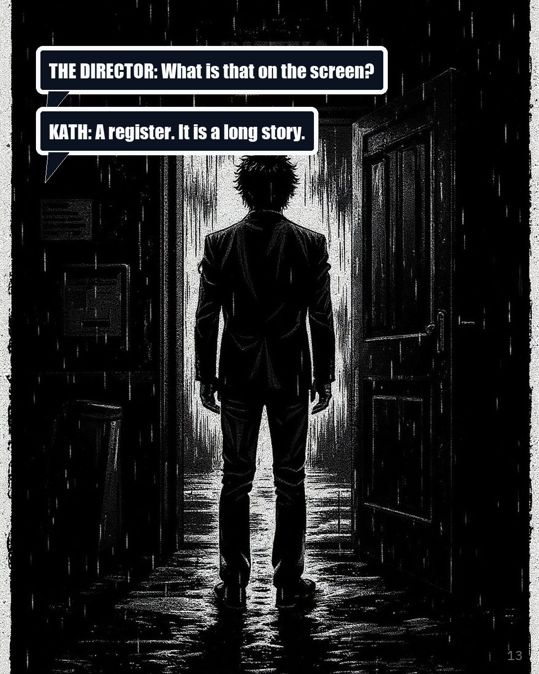 A man in a business shirt standing in a doorway, with two speech balloons.