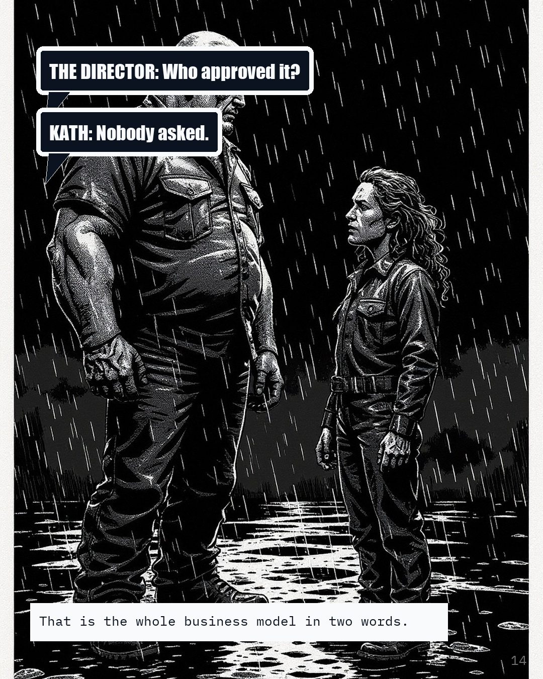 Two figures on a wet site with two speech balloons reading who approved it and nobody asked.
