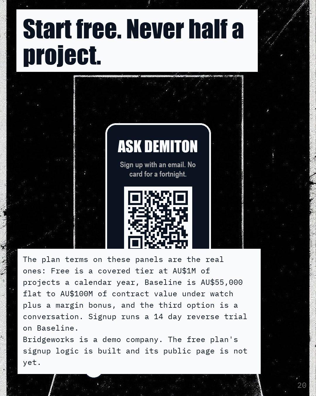 A phone showing Ask Demiton and a code, above the line Start free, never half a project.