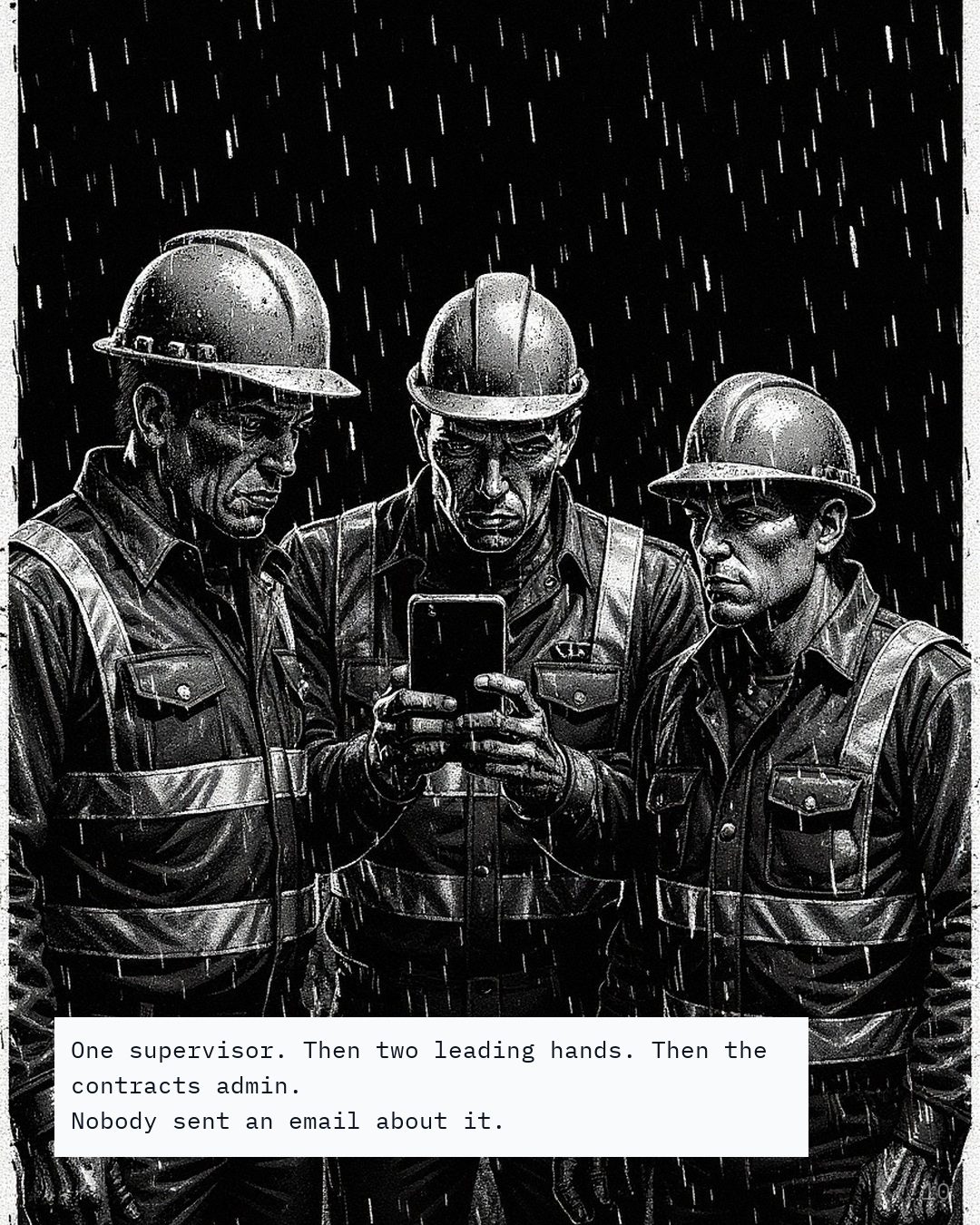 Three construction workers in wet hi-vis gathered around one phone held up by the middle one.