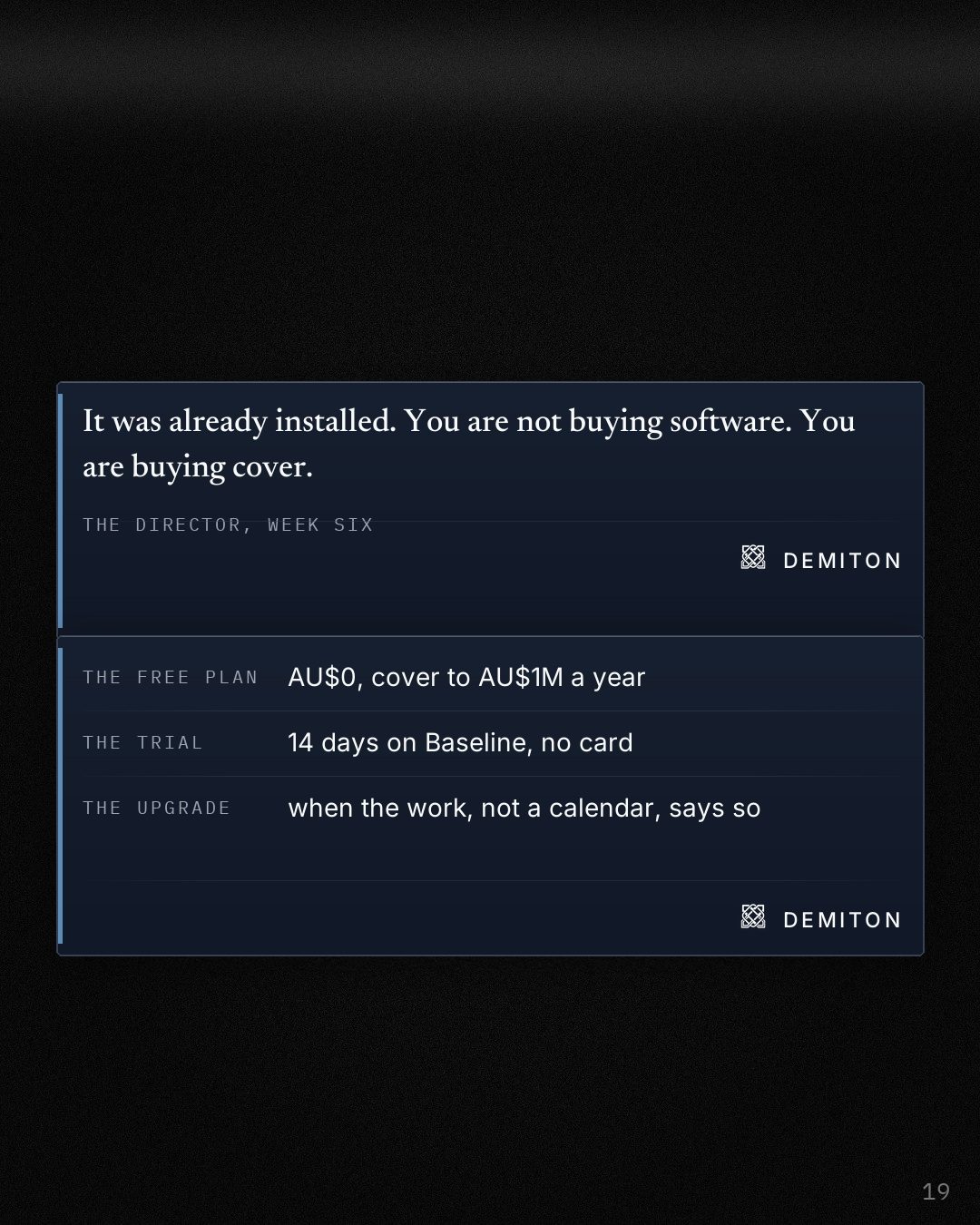 A pulled quote: it was already installed, you are not buying software, you are buying cover.