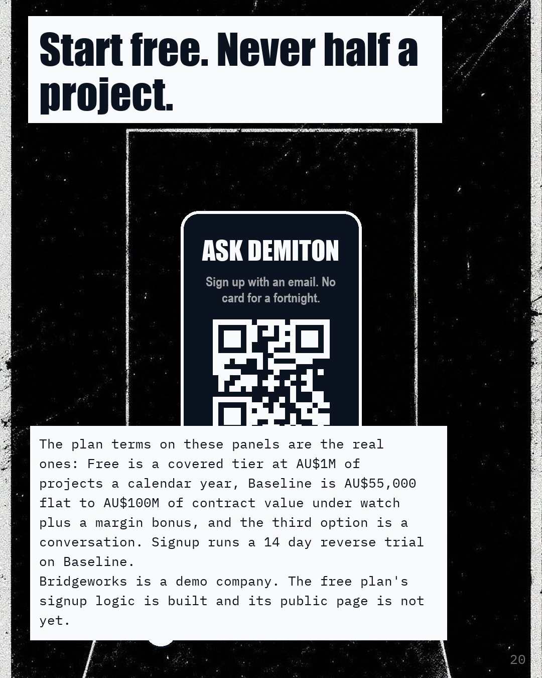 A phone showing Ask Demiton and a code, above the line Start free, never half a project.