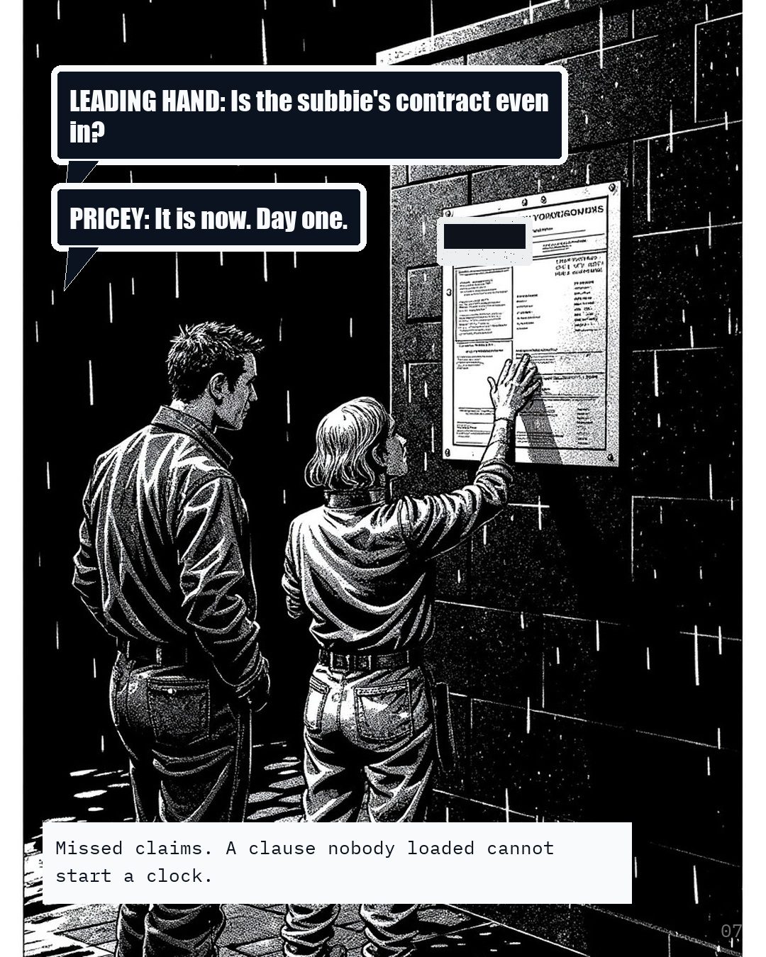 Two workers at the site office wall with the programme pinned to it, with balloons asking whether the subcontract is in and answering it is now.
