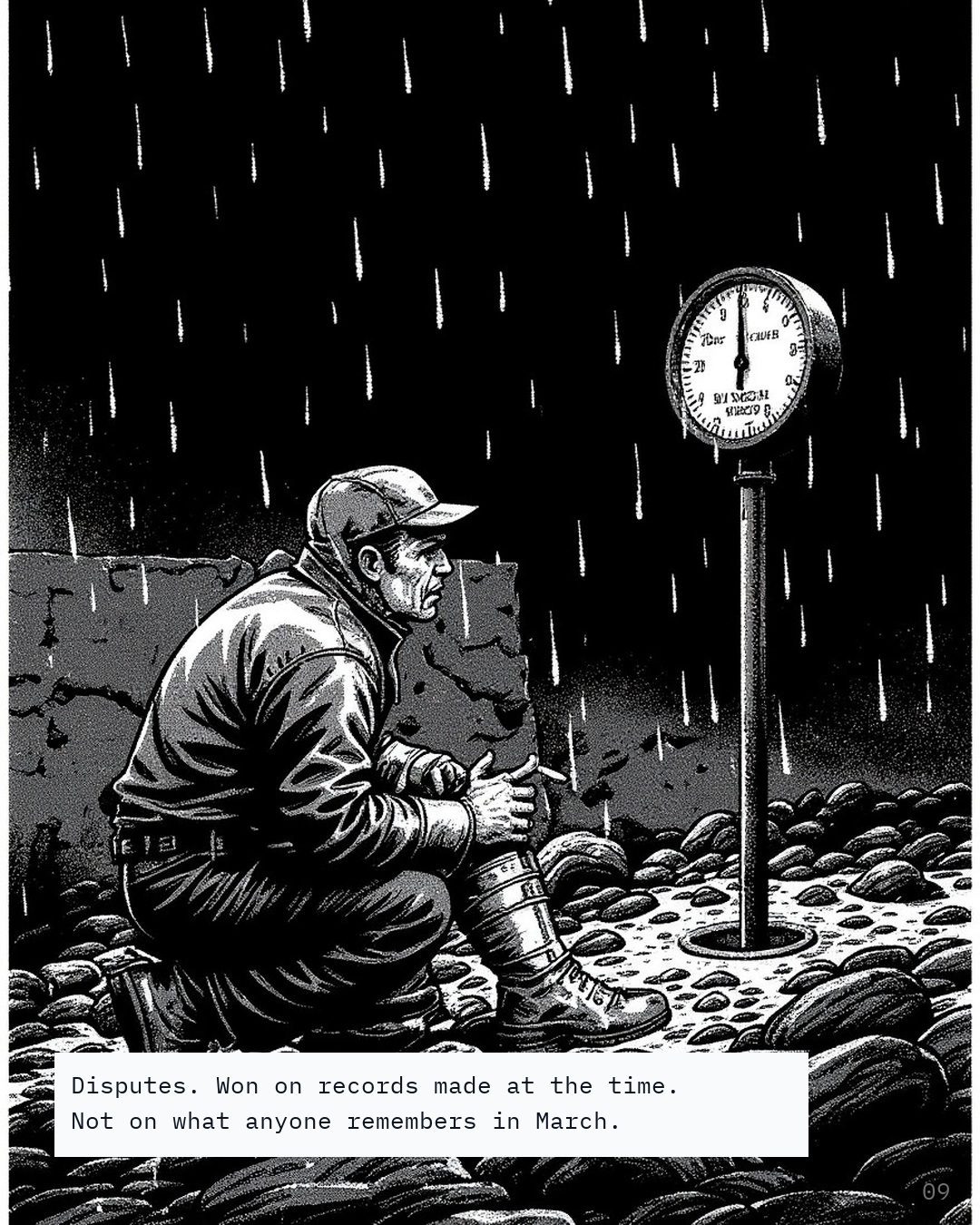 A worker kneeling on a compacted earthworks lot beside a nuclear density gauge.