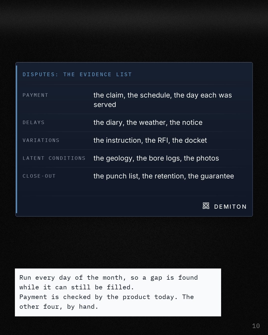 Disputes, the evidence list, as five labelled fields: payment, delays, variations, latent conditions and close-out, each with the records it is won on.