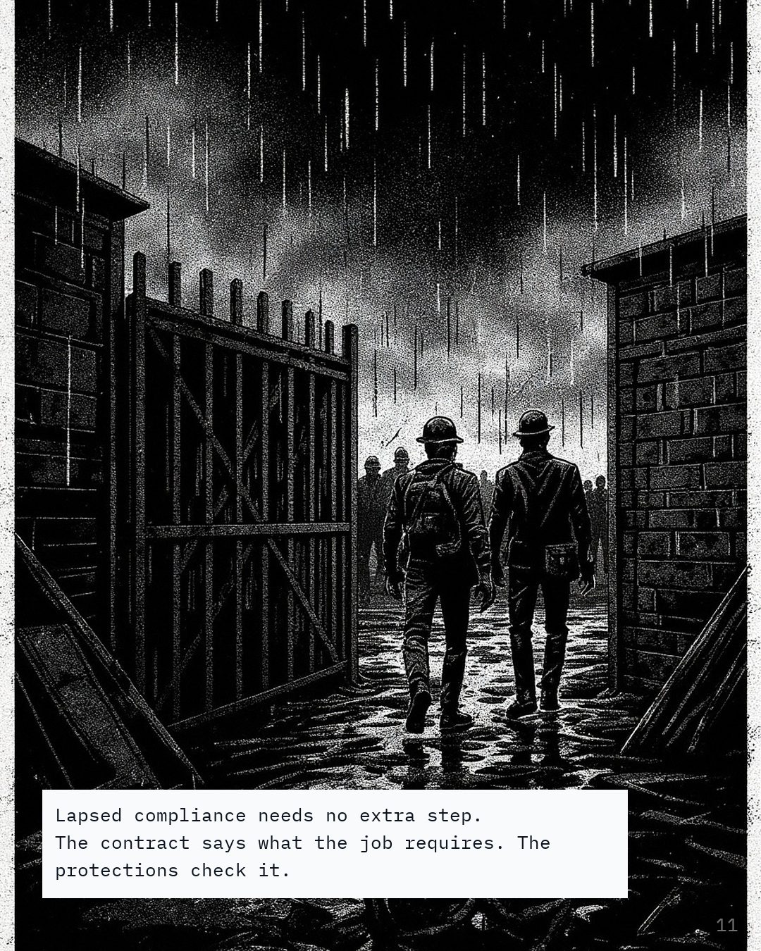 Two workers standing aside while the rest of a crew walks through a site gate in rain.