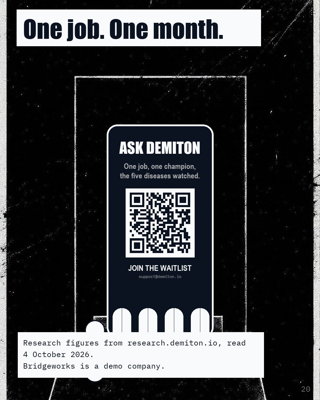 A phone showing Ask Demiton and a code, above the line One job. One month.