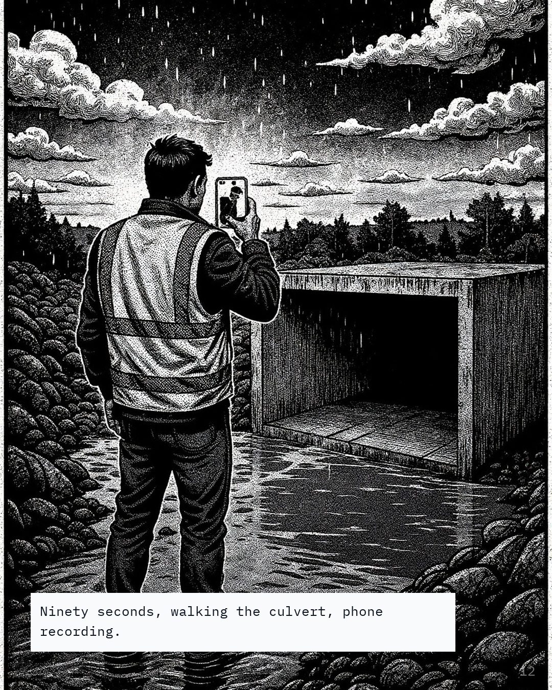 A site manager in a high visibility vest seen from behind, filming a concrete box culvert in an earthworks cut with his phone.