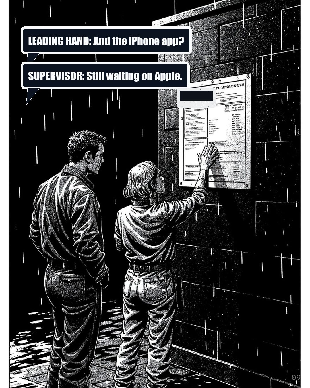 Two workers at the site office noticeboard, one pinning a sheet, with balloons asking about the iPhone app and answering still waiting on Apple.