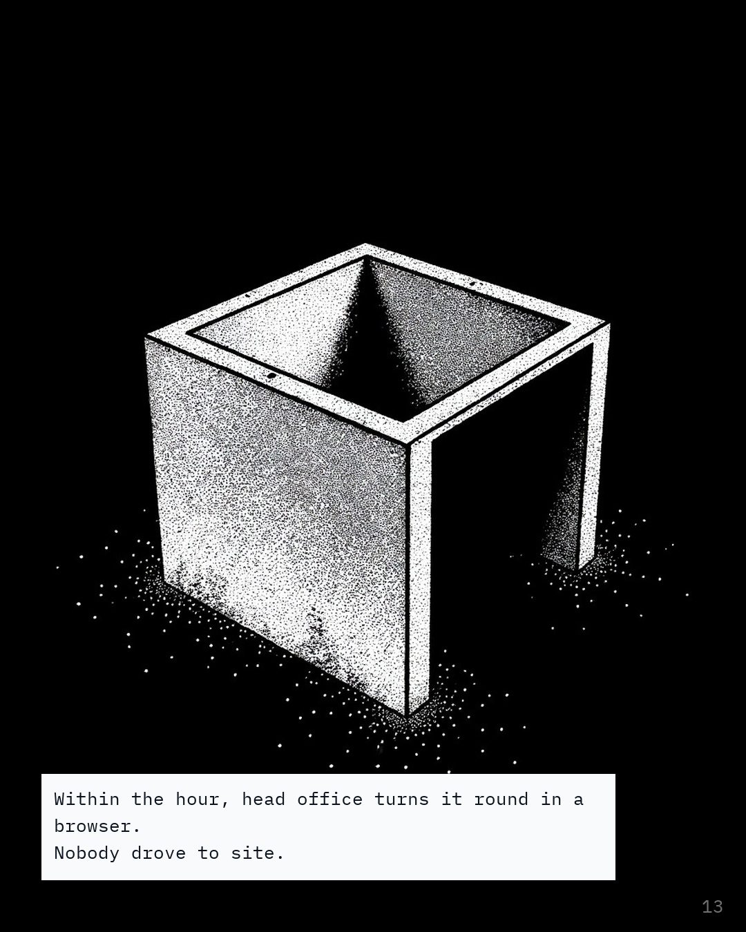 A concrete culvert rendered as a cloud of bright stippled dots floating in black space, its edges scattering away.