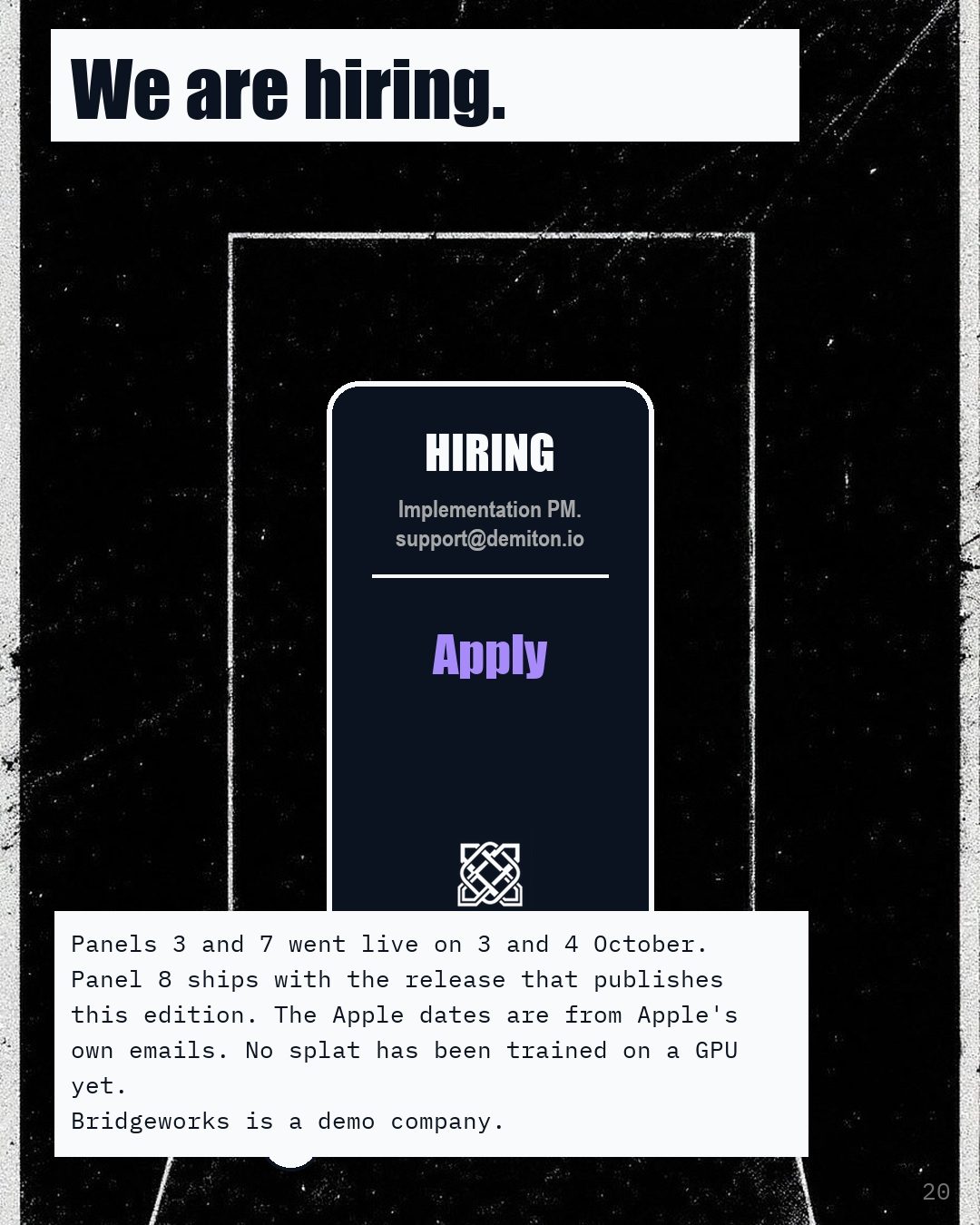A phone reading Hiring, Implementation PM, support@demiton.io, Apply, above the line We are hiring.