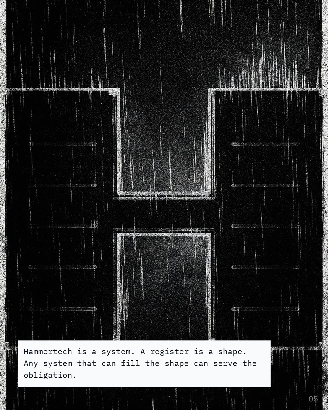 Two dark rectangular panels joined by a thick horizontal band in a rain swept field.