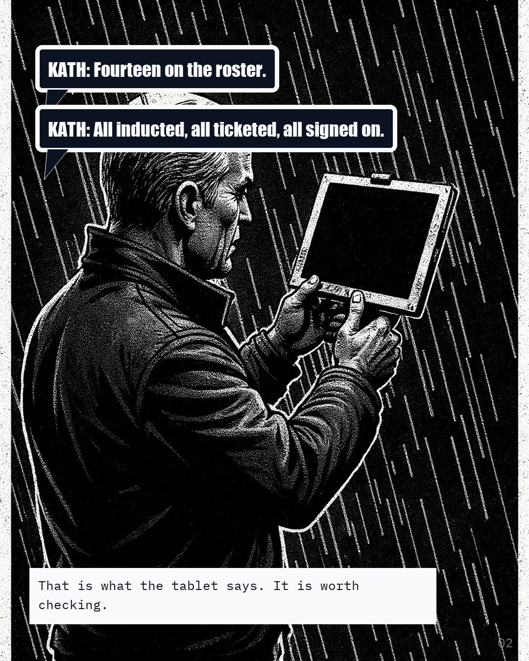 A site supervisor in rain holding up a tablet, its screen dark, with two speech balloons beside her.