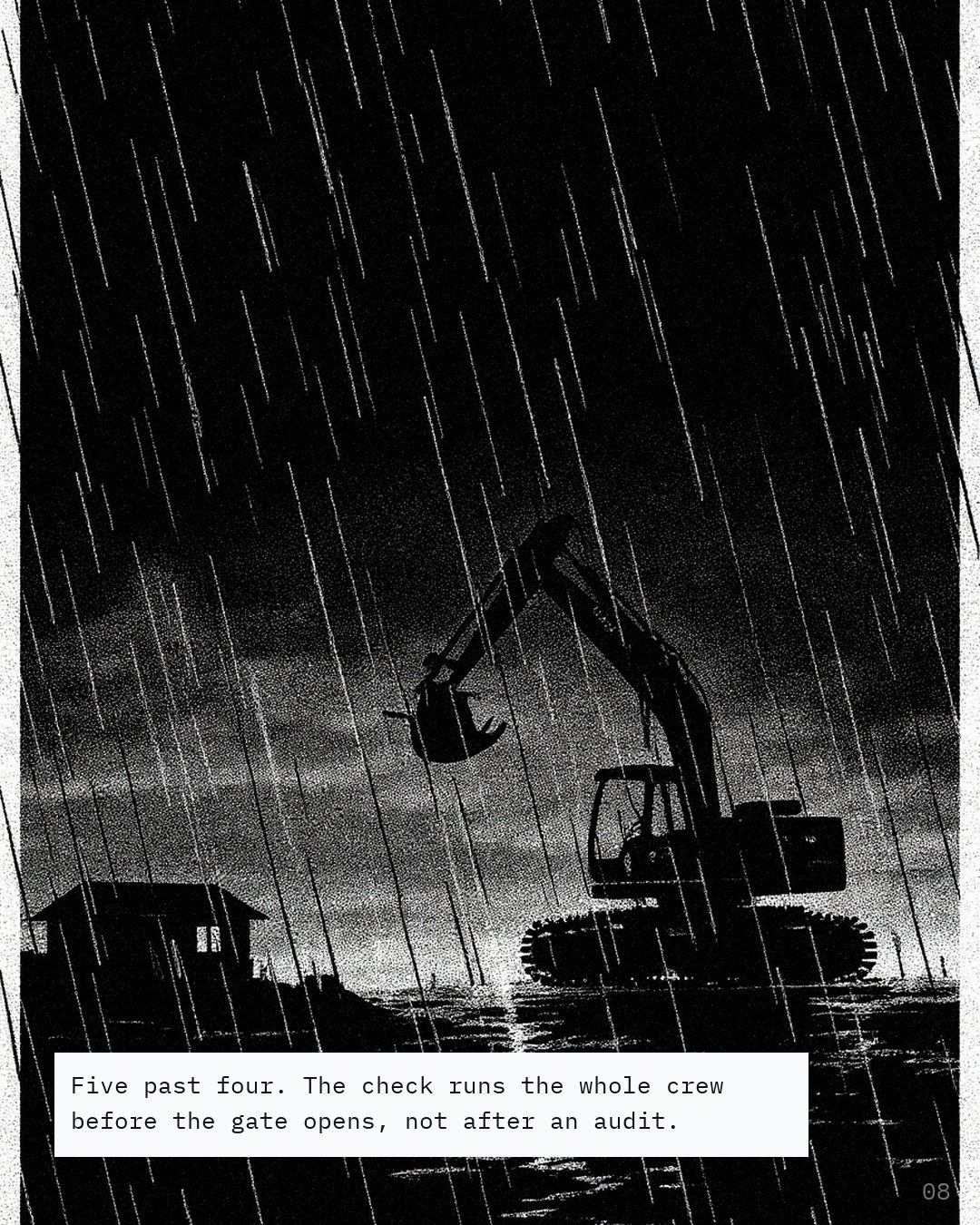 A dark construction site before dawn with a lit cabin and a silhouetted excavator in heavy rain.
