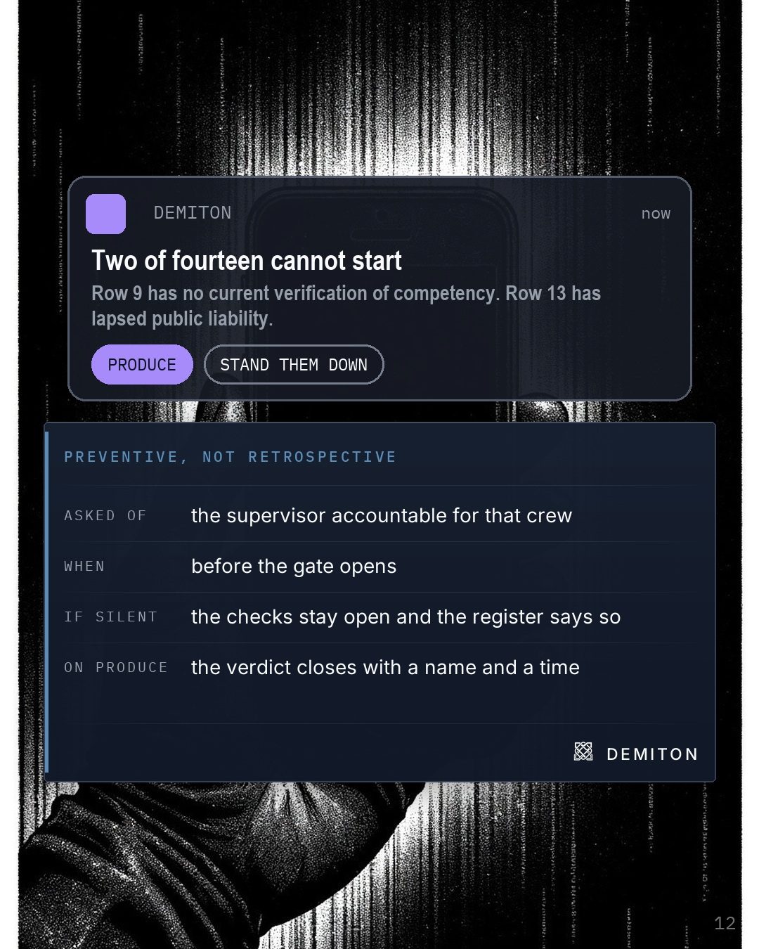A phone in a gloved hand, its screen dark, over a drawn notification reading Two of fourteen cannot start, with produce and stand them down. Below it, what preventive means.