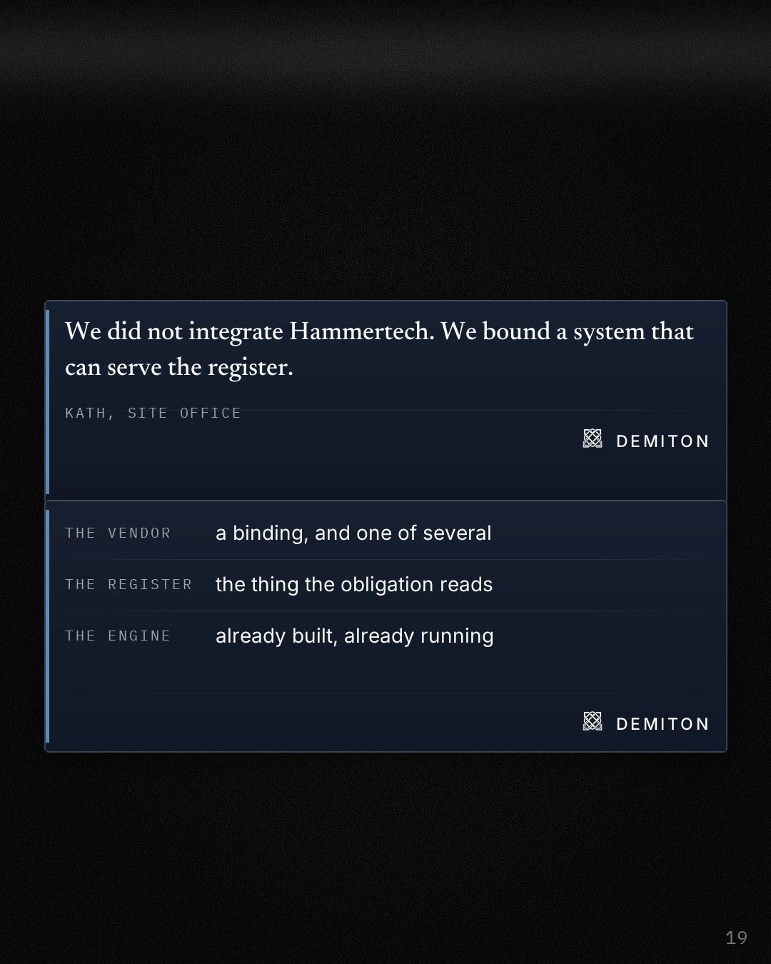 A pulled quote: we did not integrate Hammertech, we bound a system that can serve the register.