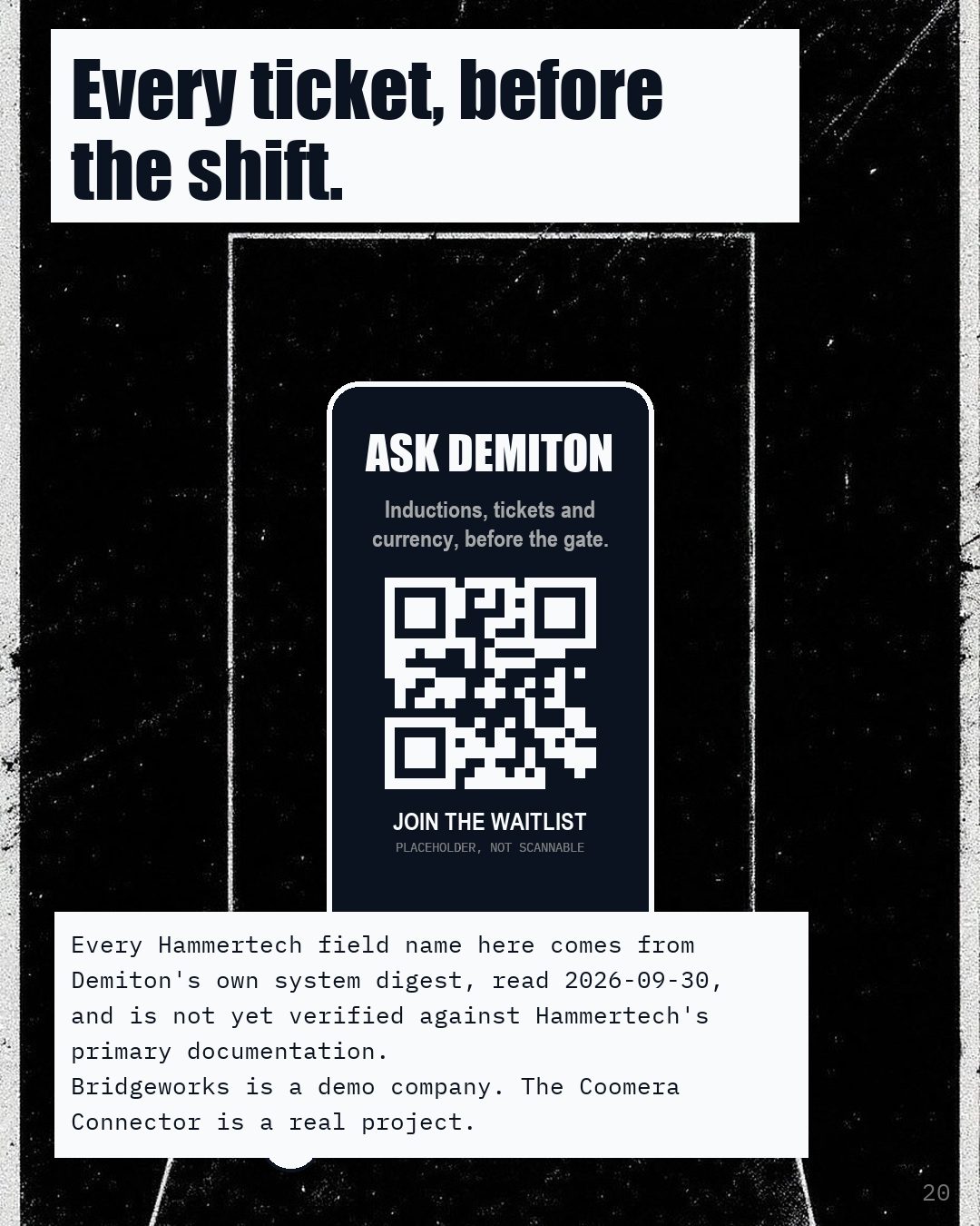 A phone showing Ask Demiton and a code, above the line Every ticket, before the shift.